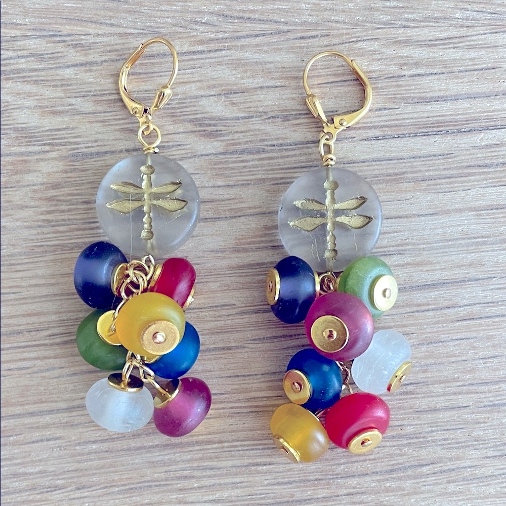 HAND CRAFTED DRAGONFLY EARRINGS Red Mint Green Blue Yellow Purple White Indigo - Picture 6 of 12